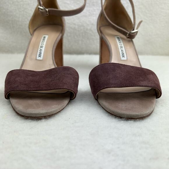 Authentic Manolo Blahnik Brown Gray Suede Strappy Sandal Block Heel 38.5 (US 8) - Picture 2 of 16